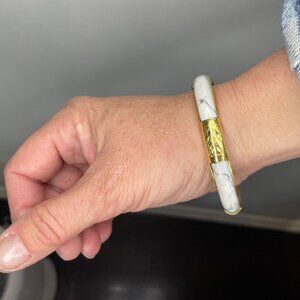 Rare vintage 14K gold and white malachite hinged square bangle bracelet